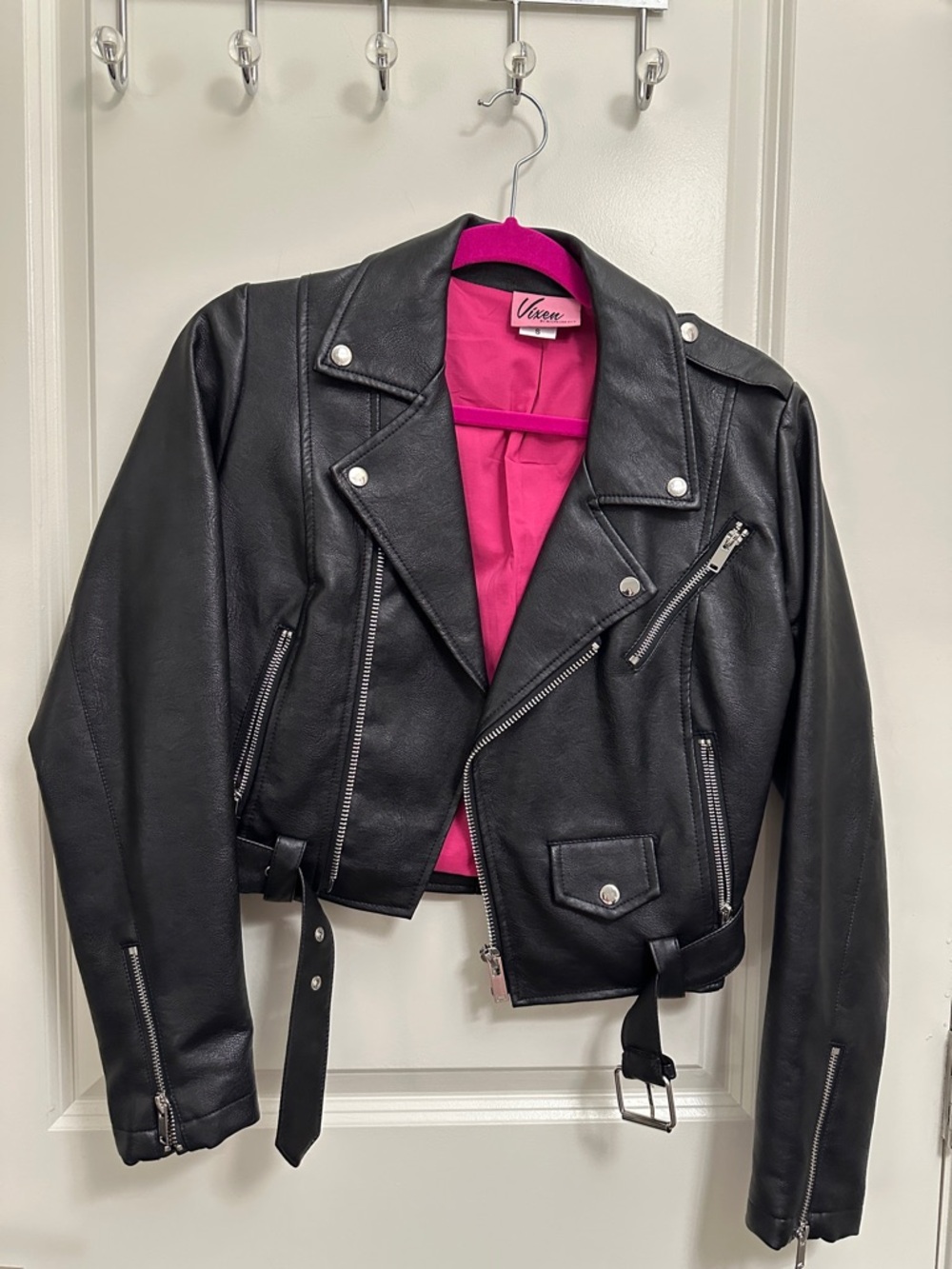 Vixen by Micheline Pitt Black Faux Leather Moto Jacket with Hot Pink Lining